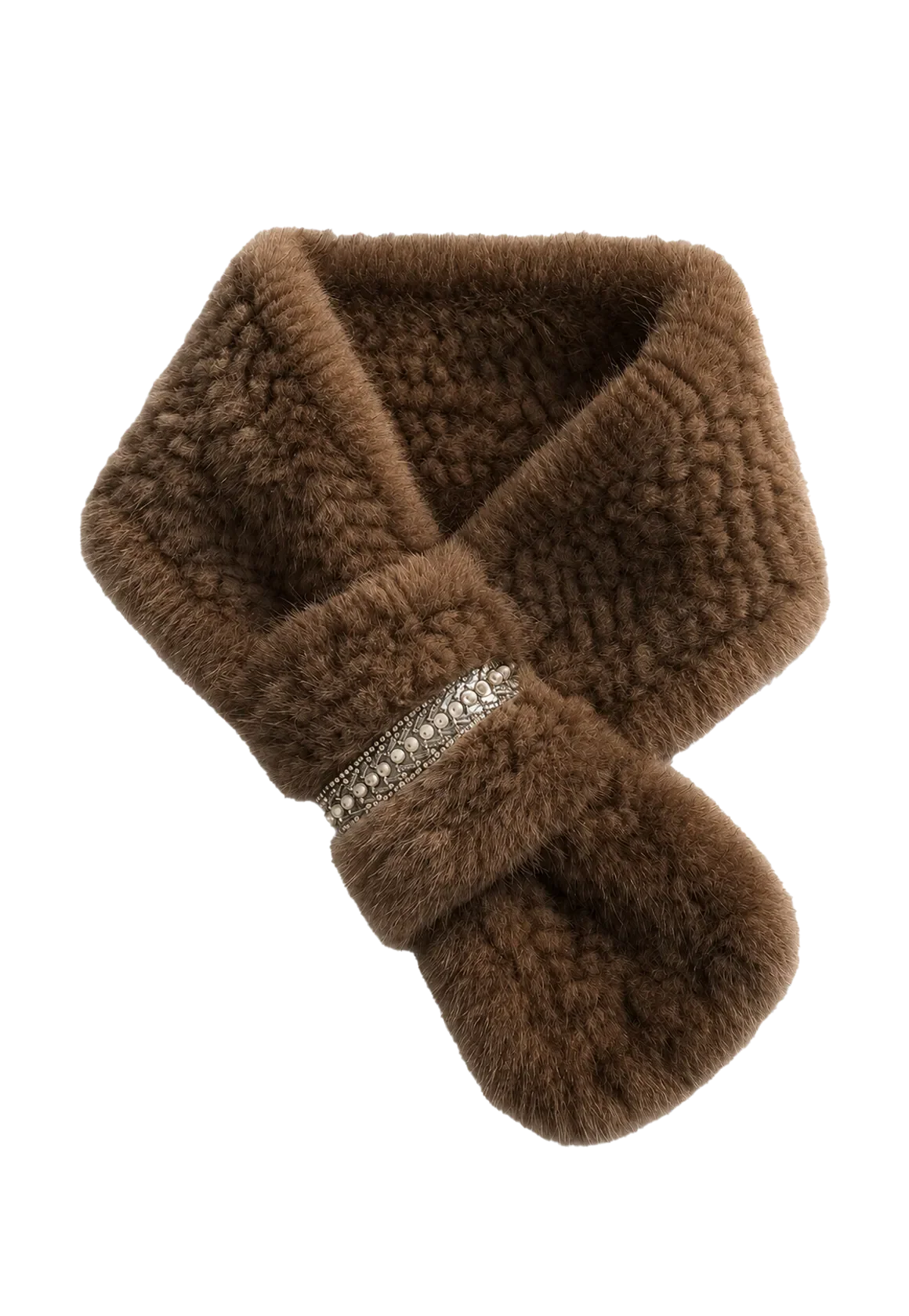 Cocoa Brown rhinestone mink fur scarf for women on transparent background