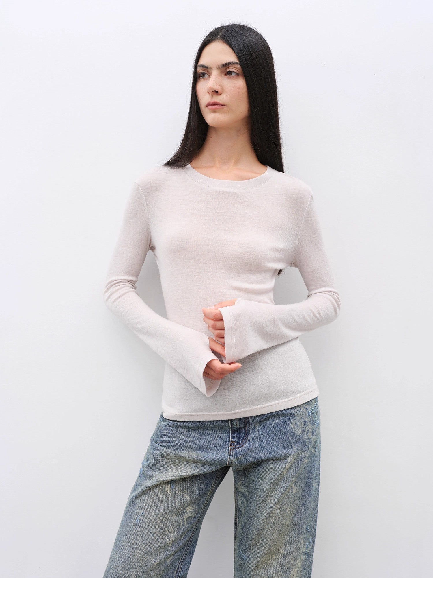 Women's Glove cuffs white sweater loose slightly flared long sleeve O - neck Slim Fit basic T-shirt，"urban simplicity" - variant_title