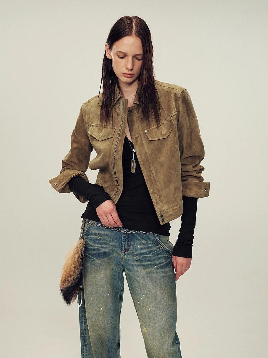 Women's imported first - layer suede sheepskin short autumn leather jacket - variant_title
