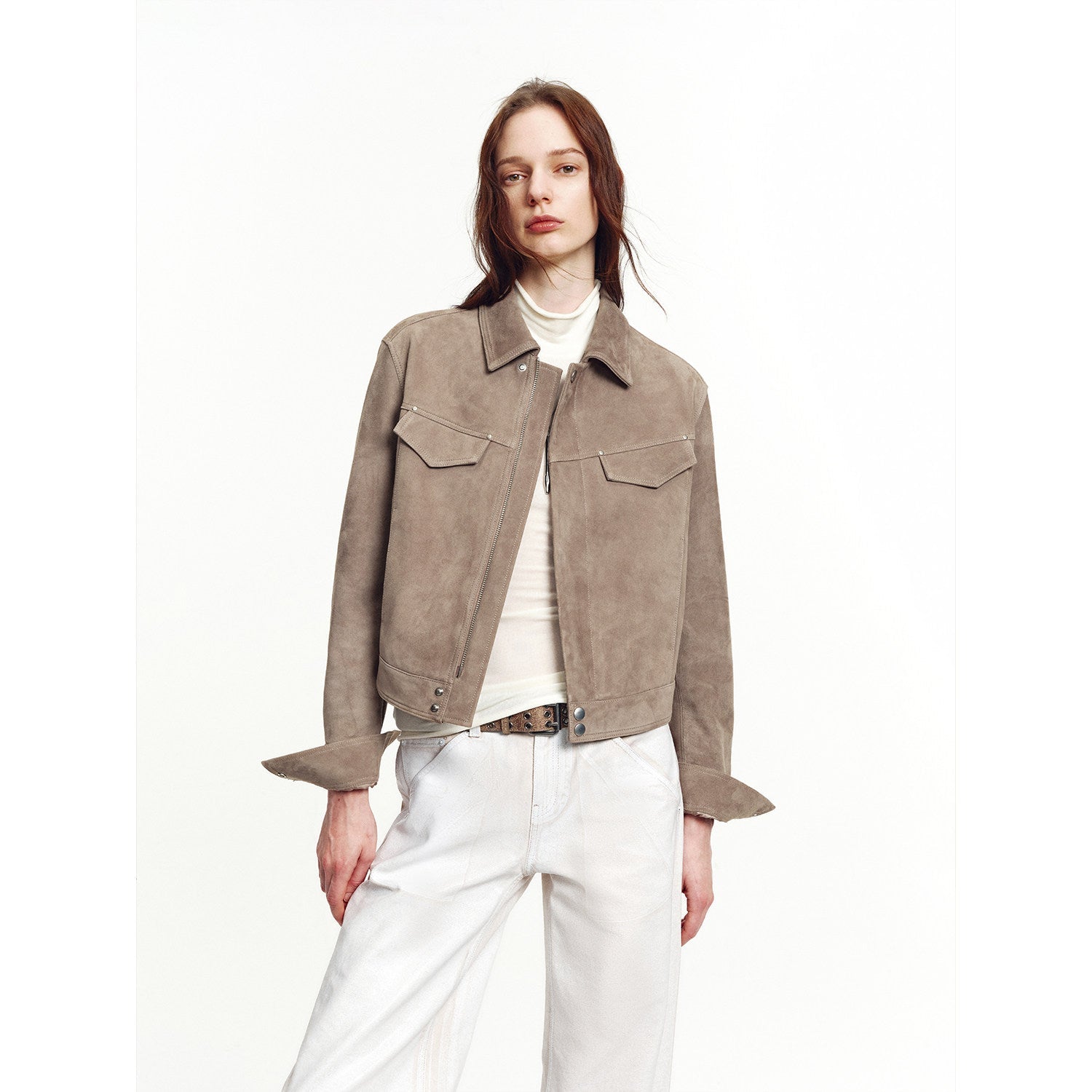 Women's imported first - layer suede sheepskin short autumn leather jacket