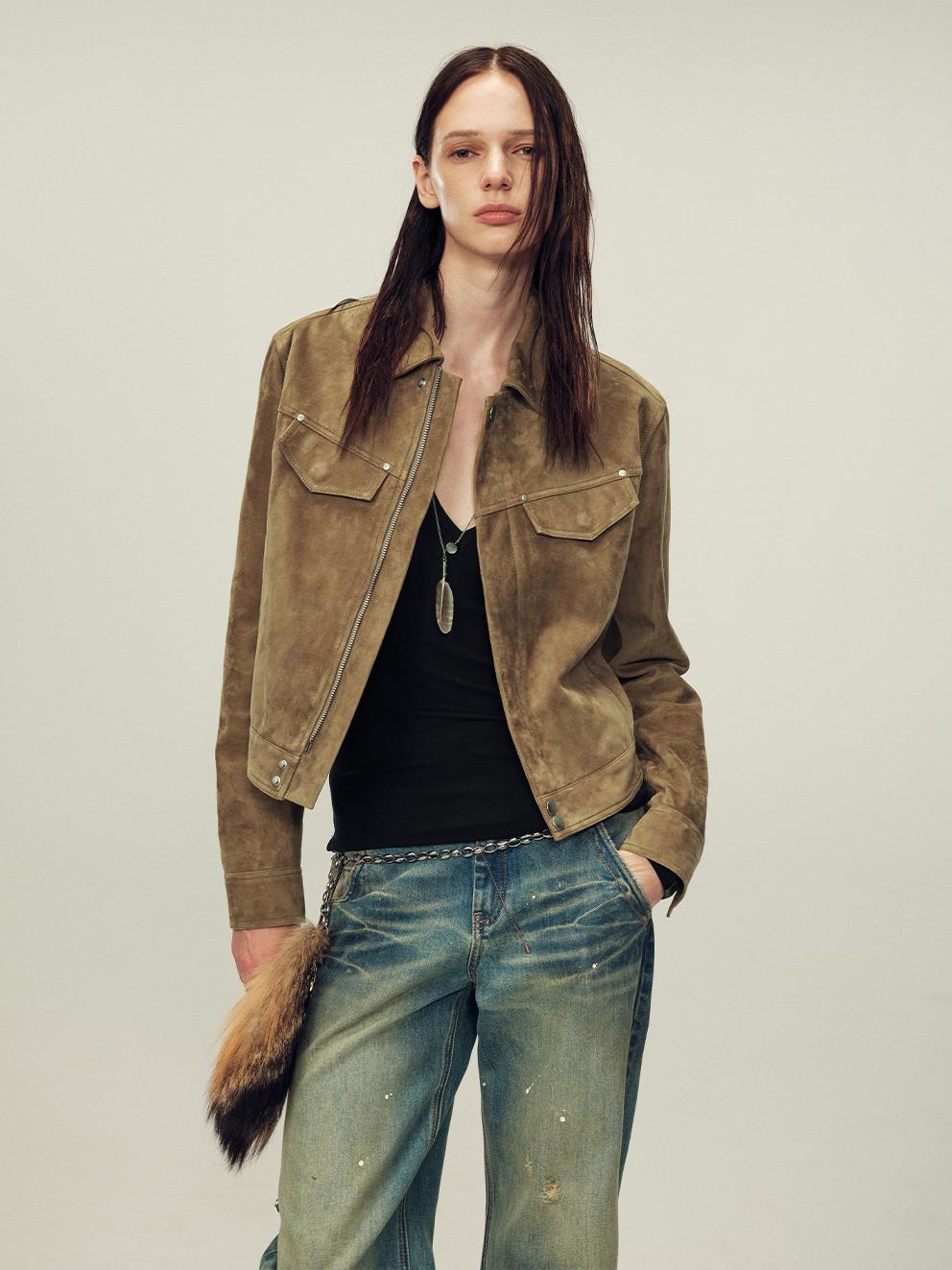 Women's imported first - layer suede sheepskin short autumn leather jacket - variant_title