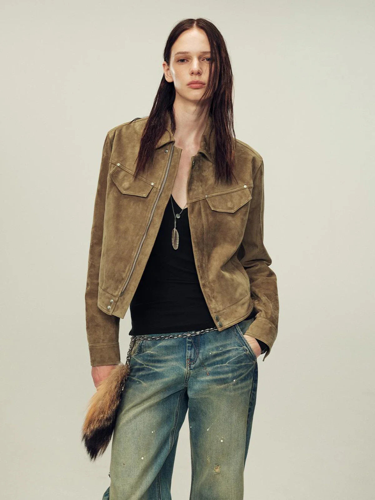 Women's imported first-layer suede sheepskin short leather jacket front view