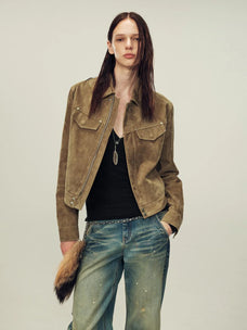 Women's imported first-layer suede sheepskin short leather jacket front view