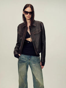 Women's imported suede sheepskin short leather jacket styled front view