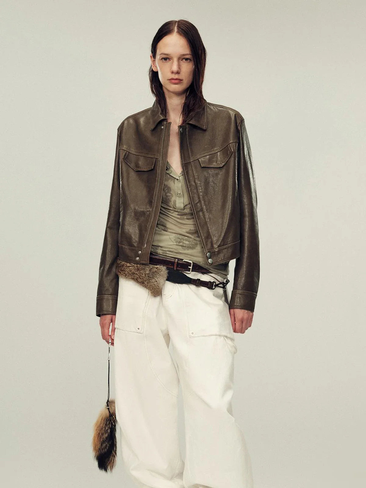 Women's imported suede sheepskin short leather jacket side styling view