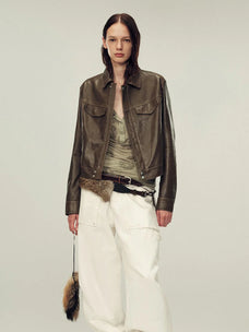 Women's imported suede sheepskin short leather jacket side styling view