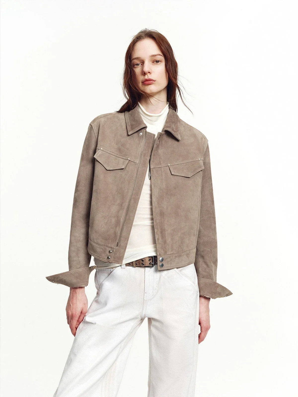 Women's imported suede sheepskin short leather jacket full outfit view
