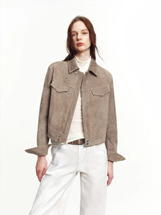 Women's imported suede sheepskin short leather jacket full outfit view