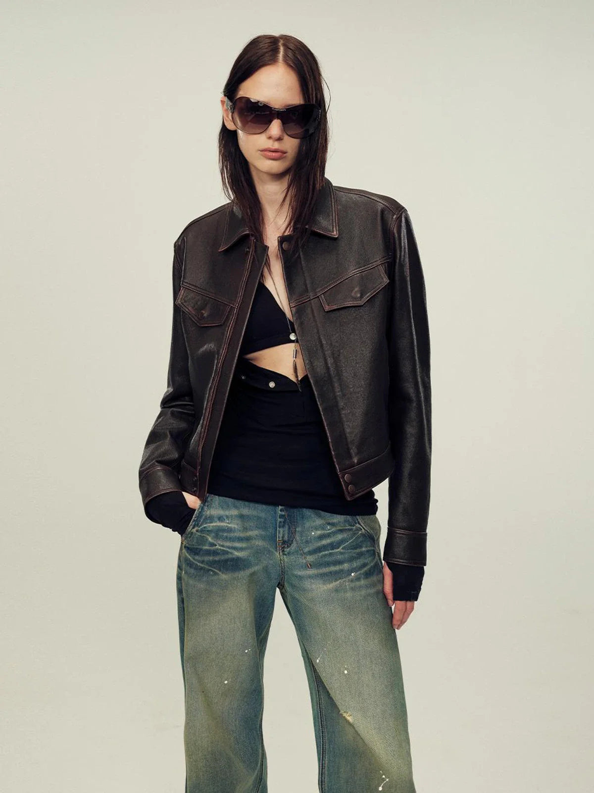 Women's imported suede sheepskin leather jacket close front view