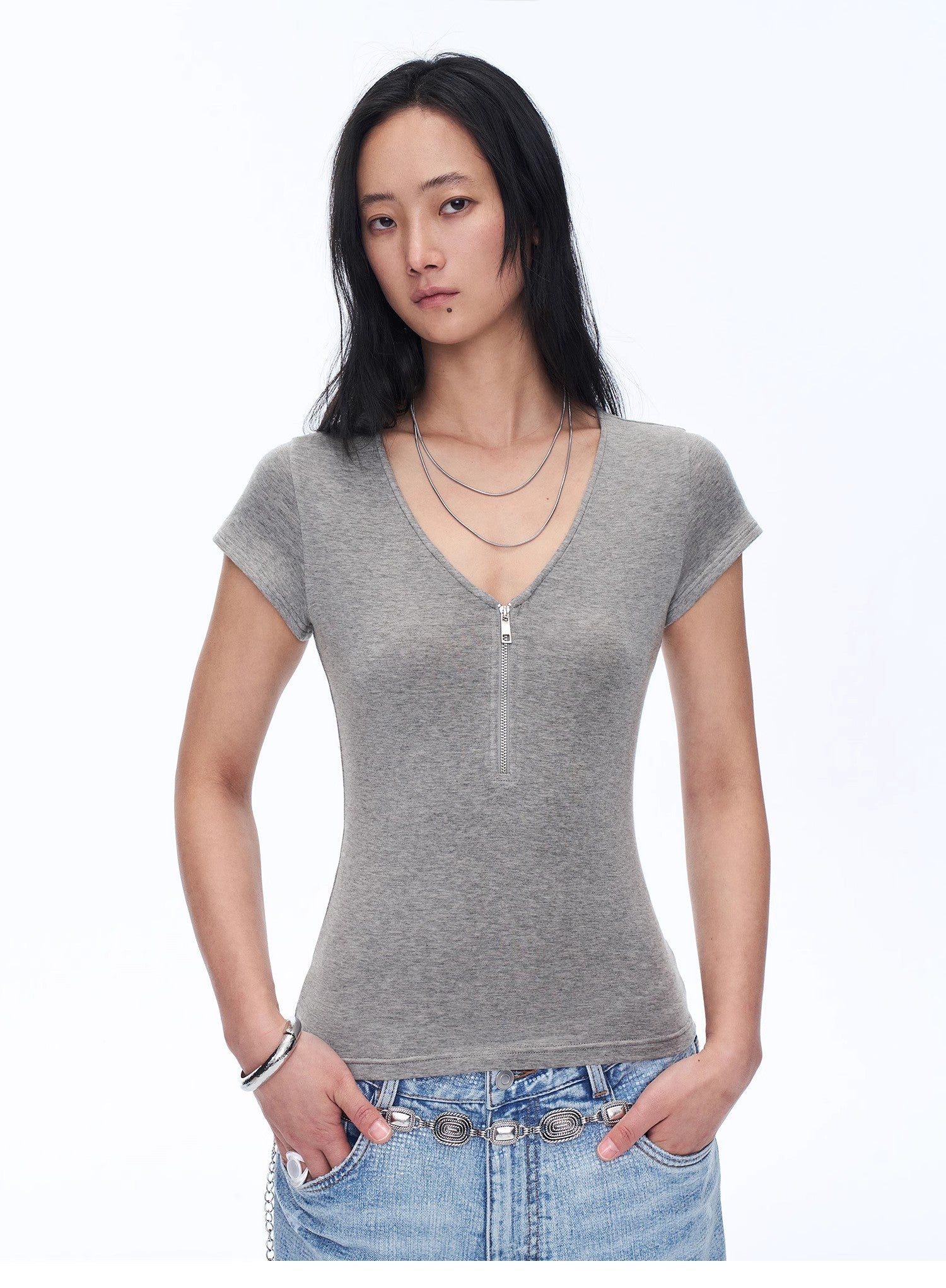 Women's Loose Australian Wool Tencel Deep V - neck Zipper Short Sleeve Tops T-shirt"Tunic Blouses Simple Color Silent Film" - variant_title