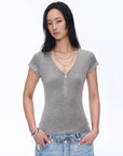 Women's Loose Australian Wool Tencel Deep V - neck Zipper Short Sleeve Tops T-shirt"Tunic Blouses Simple Color Silent Film" - variant_title