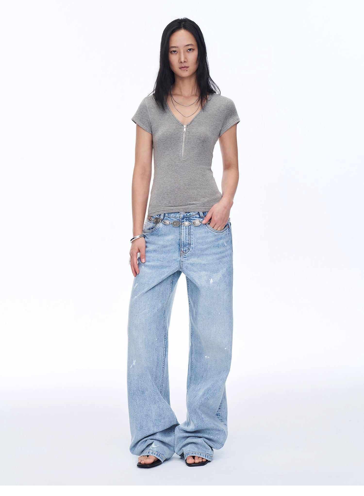 Women's Loose Australian Wool Tencel Deep V - neck Zipper Short Sleeve Tops T-shirt"Tunic Blouses Simple Color Silent Film" - variant_title