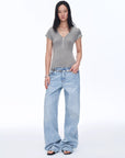 Women's Loose Australian Wool Tencel Deep V - neck Zipper Short Sleeve Tops T-shirt"Tunic Blouses Simple Color Silent Film" - variant_title
