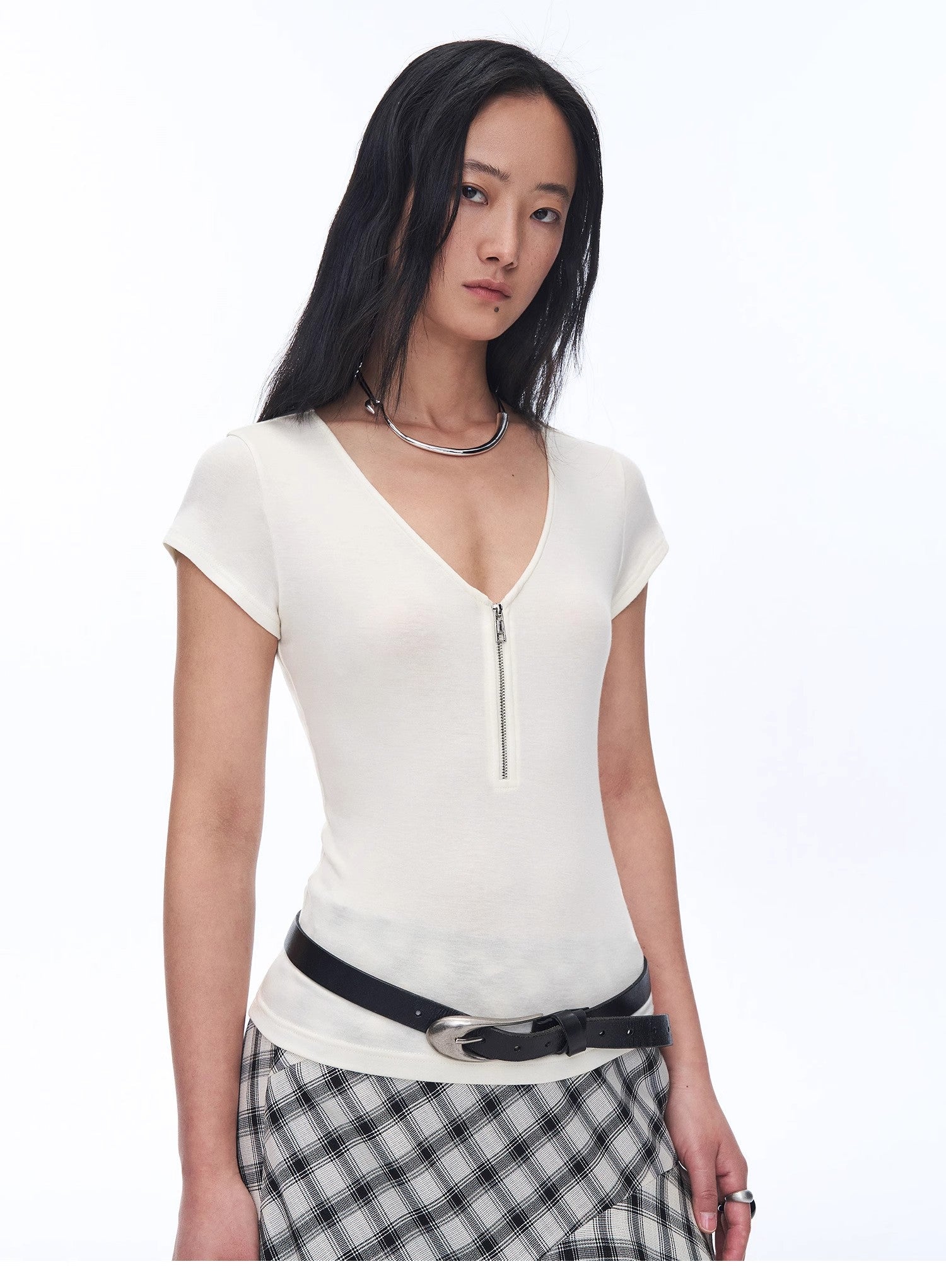 Women's Loose Australian Wool Tencel Deep V - neck Zipper Short Sleeve Tops T-shirt"Tunic Blouses Simple Color Silent Film" - variant_title