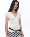 Women's Loose Australian Wool Tencel Deep V - neck Zipper Short Sleeve Tops T-shirt"Tunic Blouses Simple Color Silent Film" - variant_title