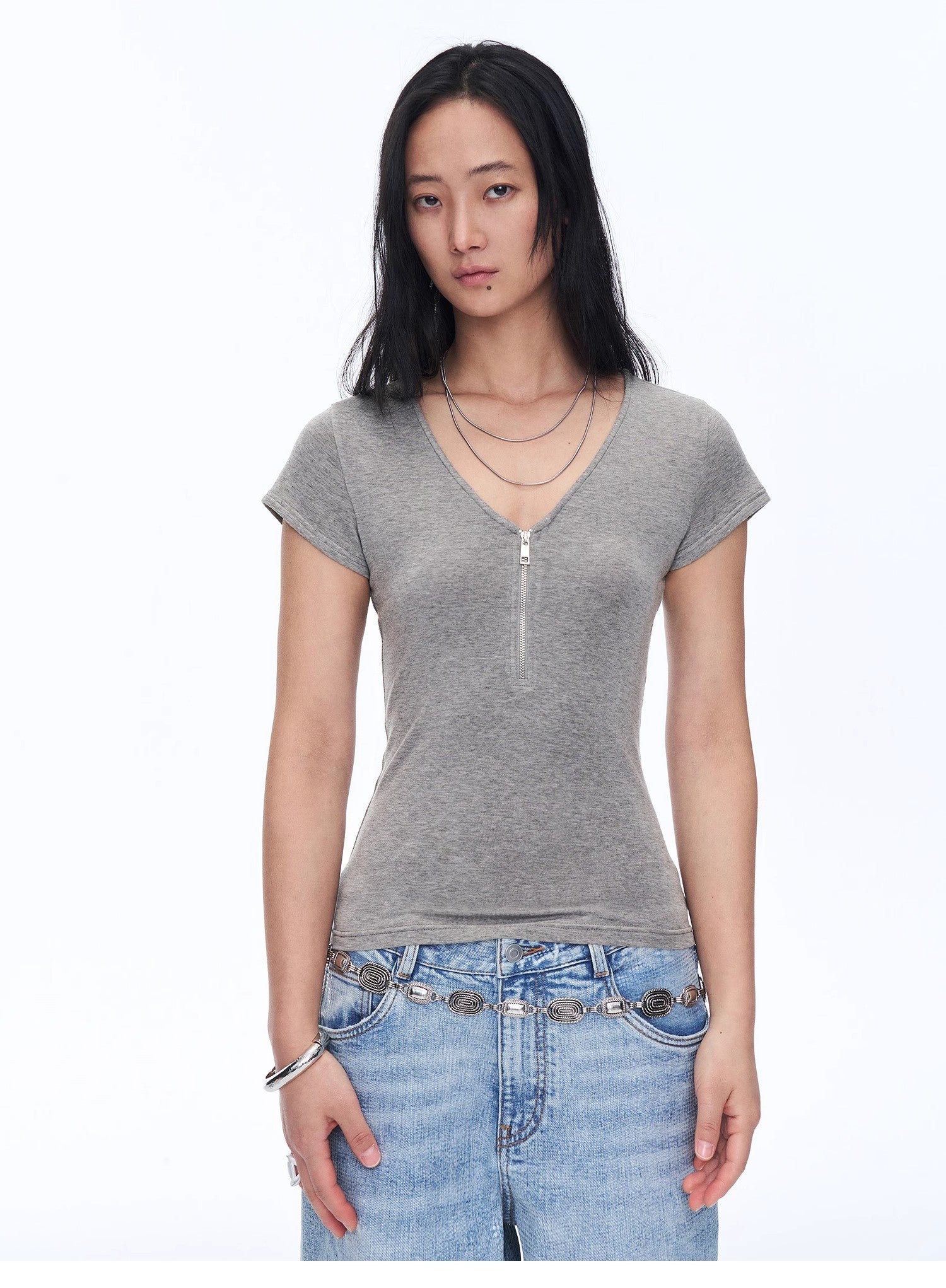 Women's Loose Australian Wool Tencel Deep V - neck Zipper Short Sleeve Tops T-shirt"Tunic Blouses Simple Color Silent Film" - variant_title