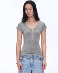 Women's Loose Australian Wool Tencel Deep V - neck Zipper Short Sleeve Tops T-shirt"Tunic Blouses Simple Color Silent Film" - variant_title