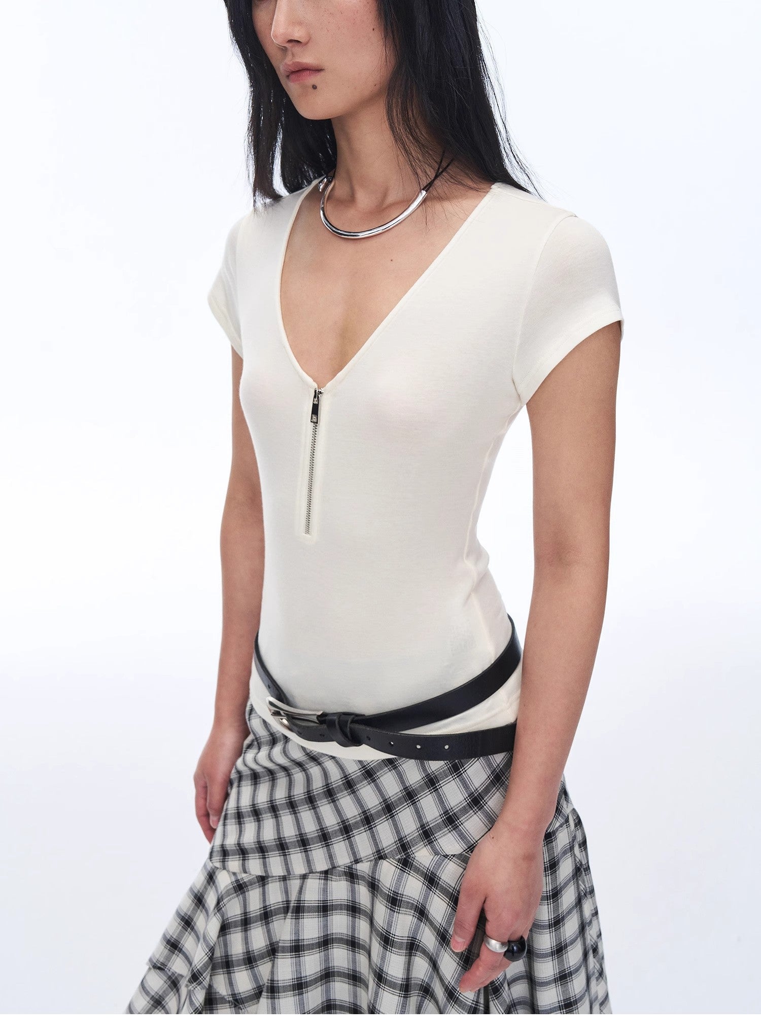 Women's Loose Australian Wool Tencel Deep V - neck Zipper Short Sleeve Tops T-shirt"Tunic Blouses Simple Color Silent Film" - variant_title