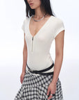 Women's Loose Australian Wool Tencel Deep V - neck Zipper Short Sleeve Tops T-shirt"Tunic Blouses Simple Color Silent Film" - variant_title