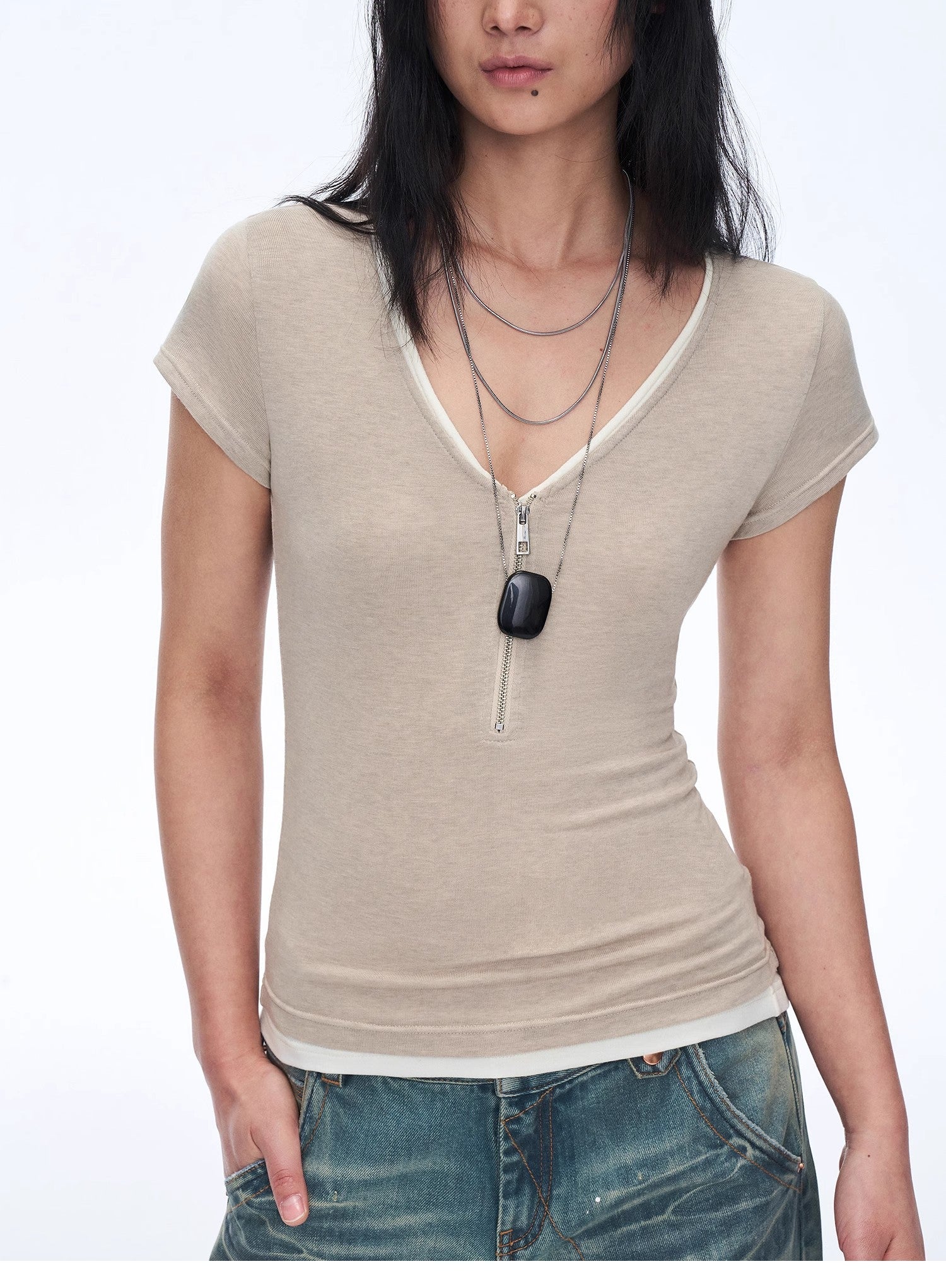Women's Loose Australian Wool Tencel Deep V - neck Zipper Short Sleeve Tops T-shirt"Tunic Blouses Simple Color Silent Film" - variant_title