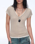 Women's Loose Australian Wool Tencel Deep V - neck Zipper Short Sleeve Tops T-shirt"Tunic Blouses Simple Color Silent Film" - variant_title