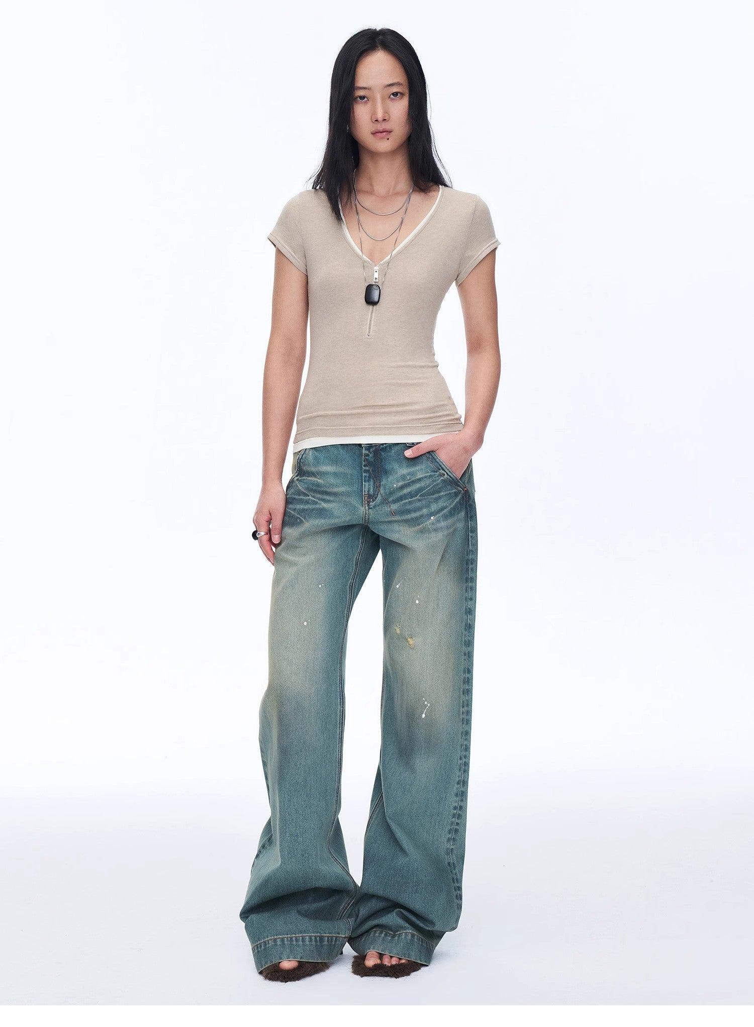 Women's Loose Australian Wool Tencel Deep V - neck Zipper Short Sleeve Tops T-shirt"Tunic Blouses Simple Color Silent Film" - variant_title