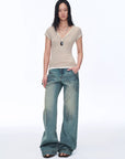Women's Loose Australian Wool Tencel Deep V - neck Zipper Short Sleeve Tops T-shirt"Tunic Blouses Simple Color Silent Film" - variant_title