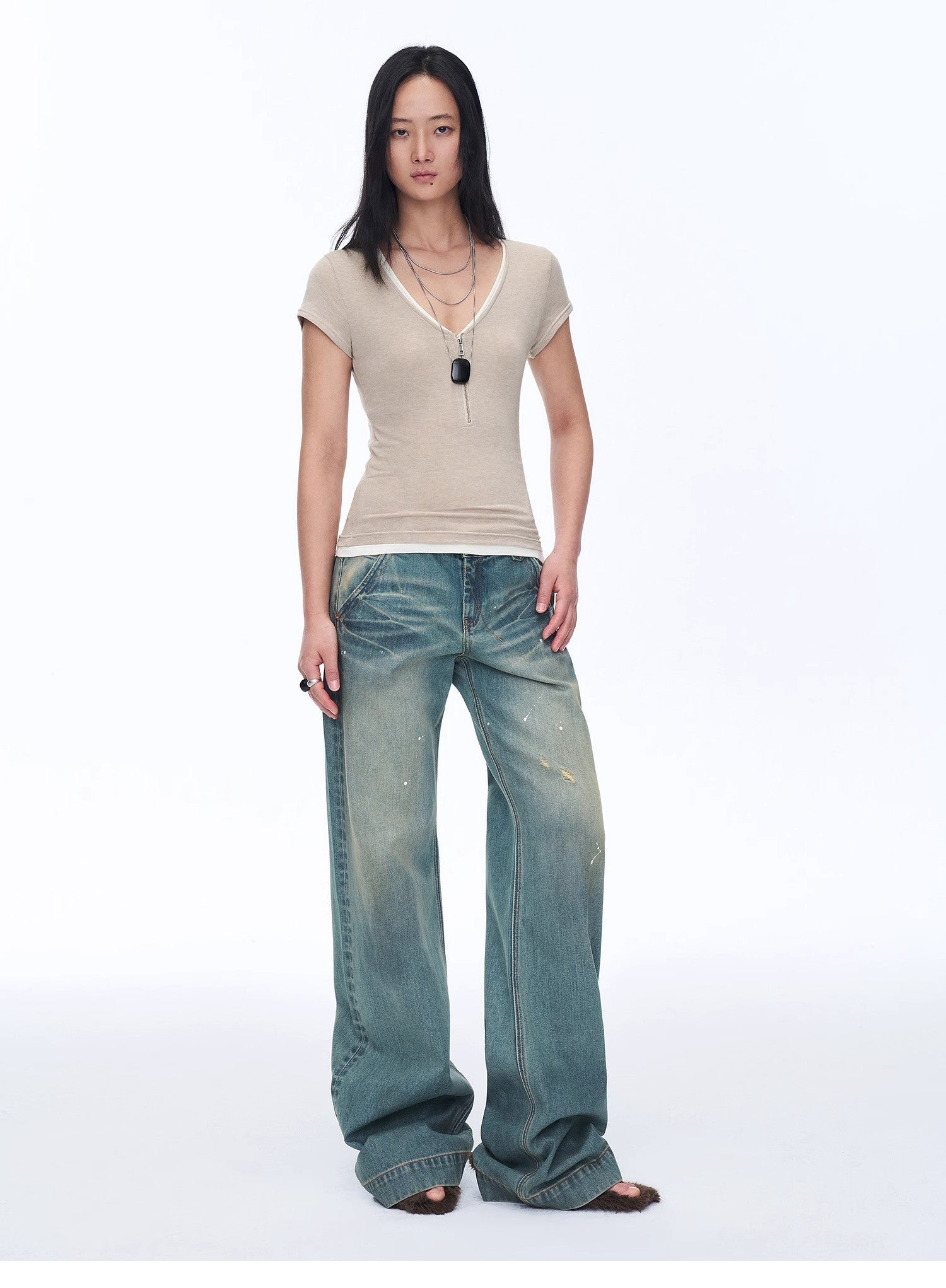 Women's Loose Australian Wool Tencel Deep V - neck Zipper Short Sleeve Tops T-shirt"Tunic Blouses Simple Color Silent Film" - variant_title