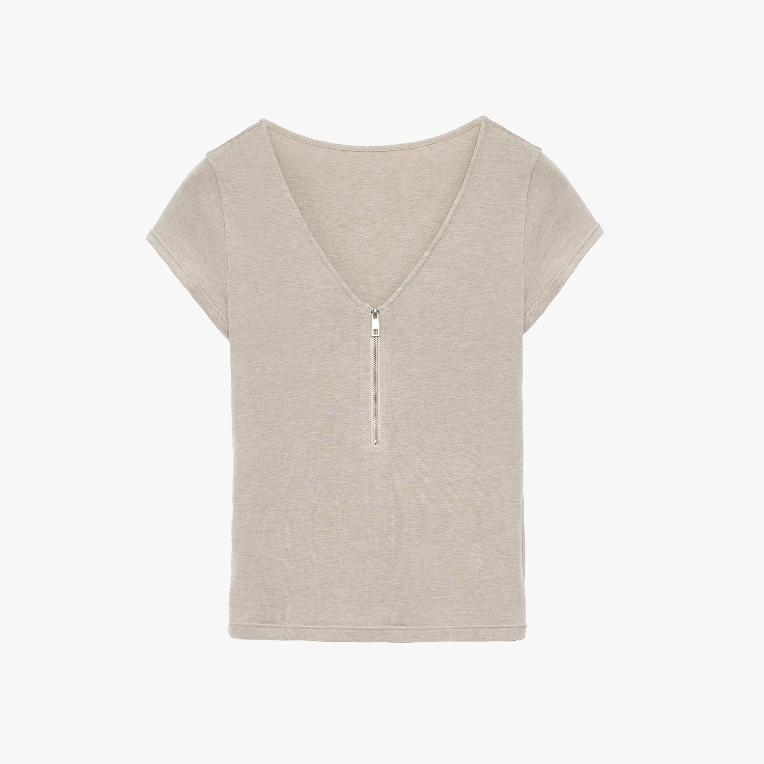Women's Loose Australian Wool Tencel Deep V - neck Zipper Short Sleeve Tops T-shirt"Tunic Blouses Simple Color Silent Film" - variant_title