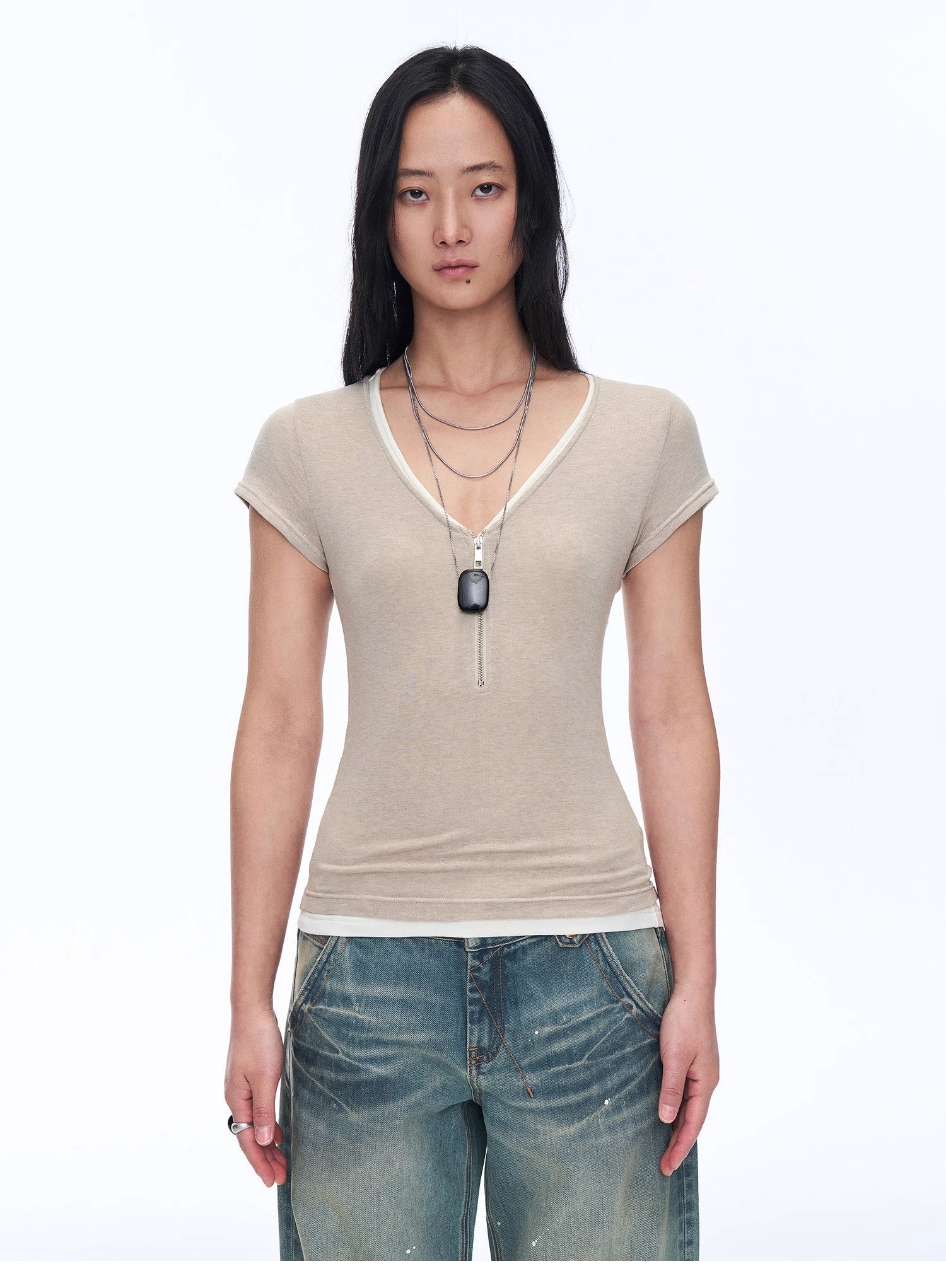 Women's Loose Australian Wool Tencel Deep V - neck Zipper Short Sleeve Tops T-shirt"Tunic Blouses Simple Color Silent Film" - variant_title