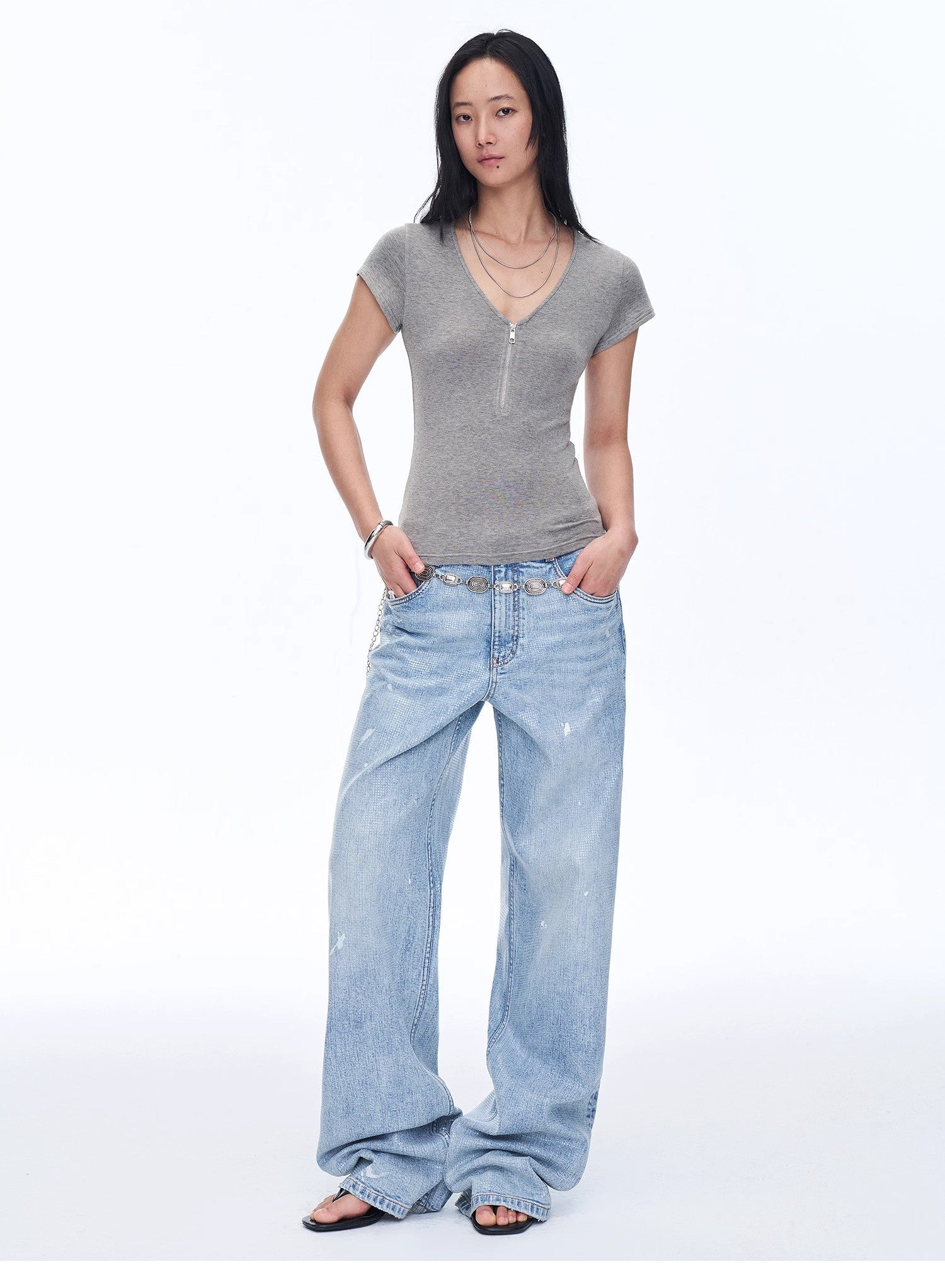 Women's Loose Australian Wool Tencel Deep V - neck Zipper Short Sleeve Tops T-shirt"Tunic Blouses Simple Color Silent Film" - variant_title