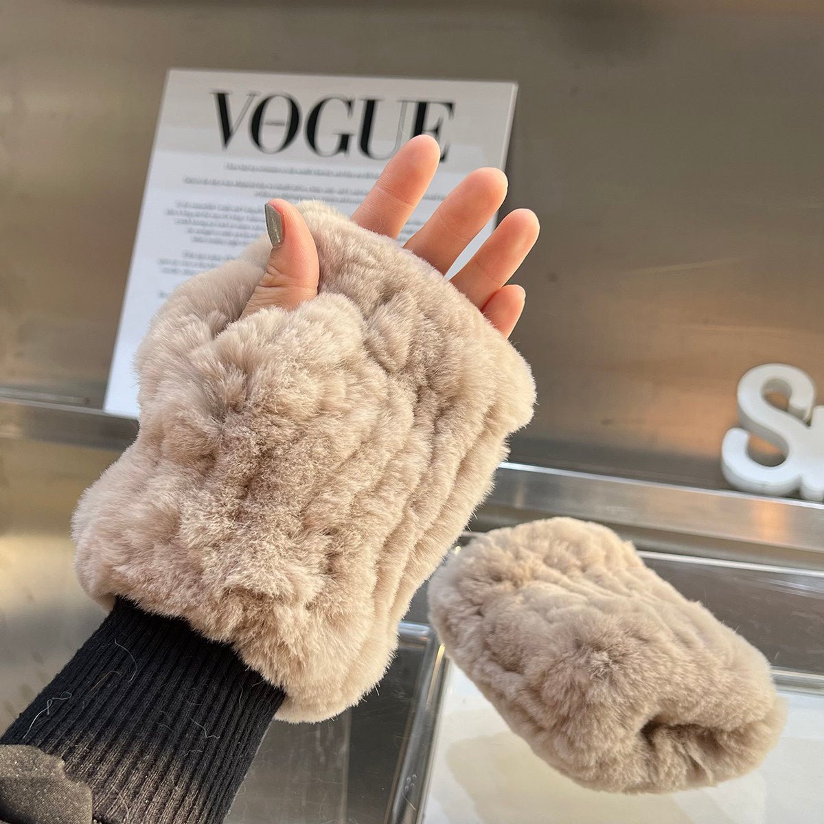Women's Rex Rabbit Fur Fingerless Gloves Winter - Phone & Typing Friendly - variant_title
