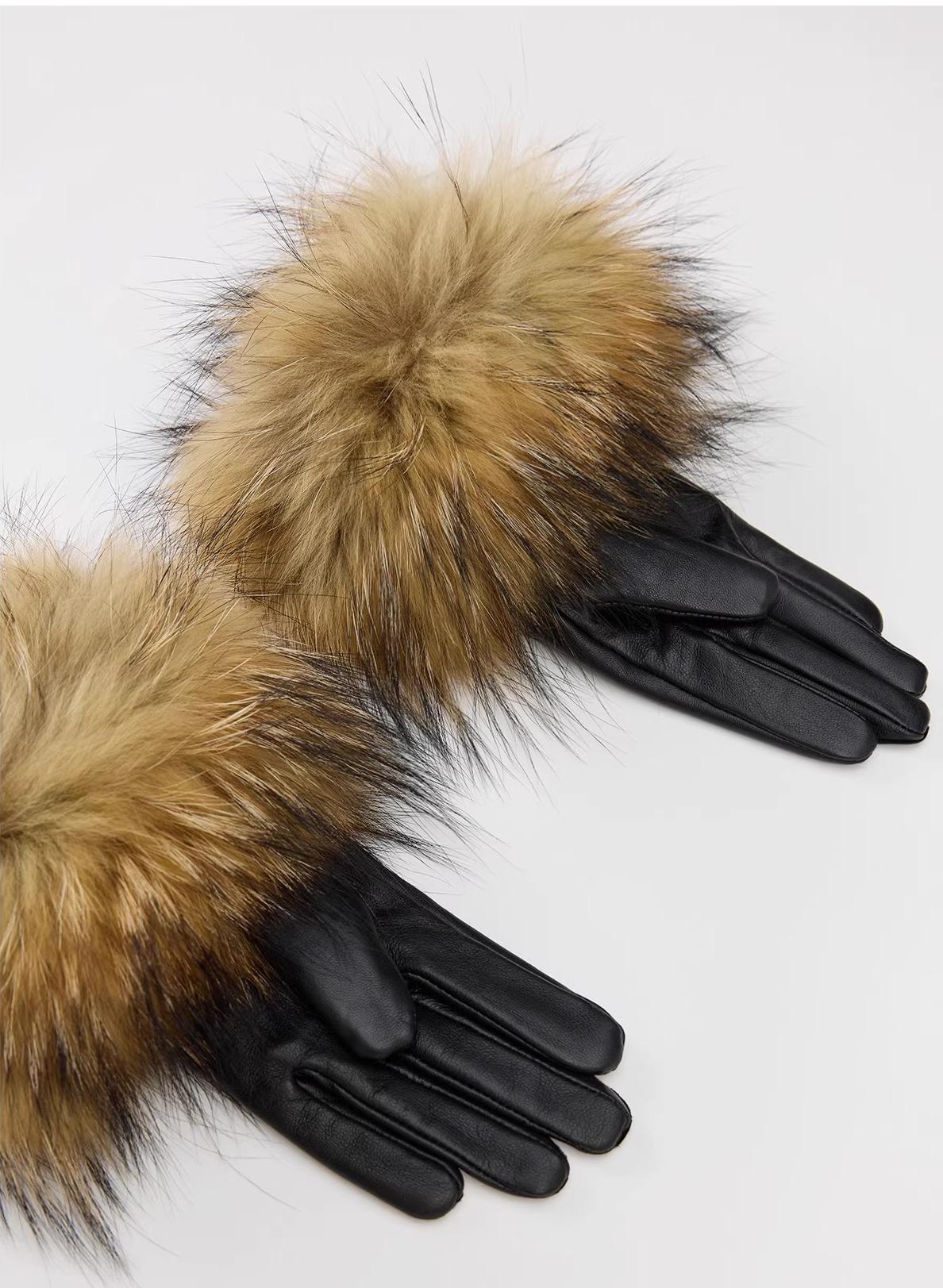 Women's Vintage Raccoon Fur Lightly Coated Genuine Leather Fur Gloves Winter - variant_title