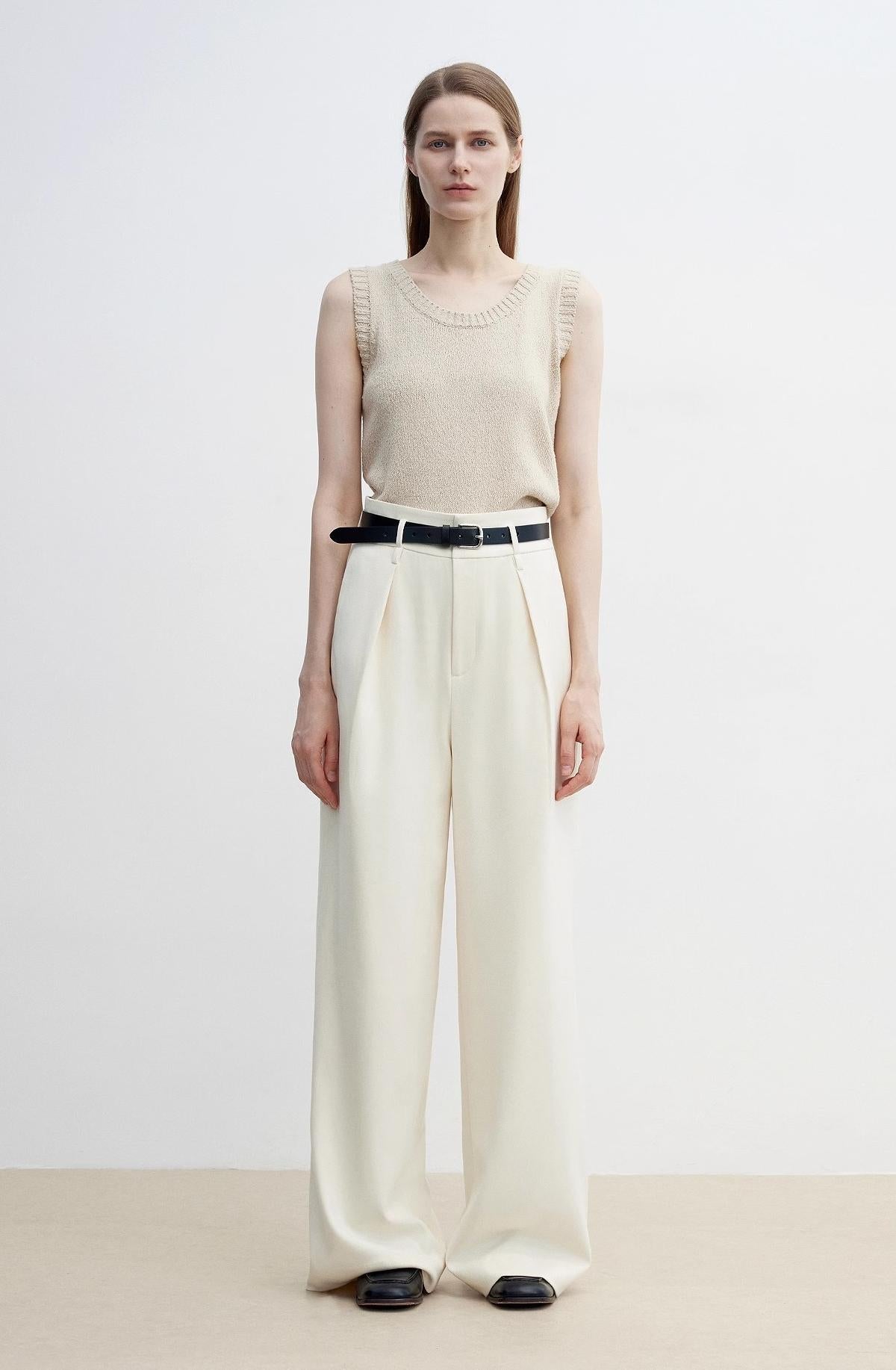 Women's white straight casual wide waist drape floor - length wide leg pants - variant_title
