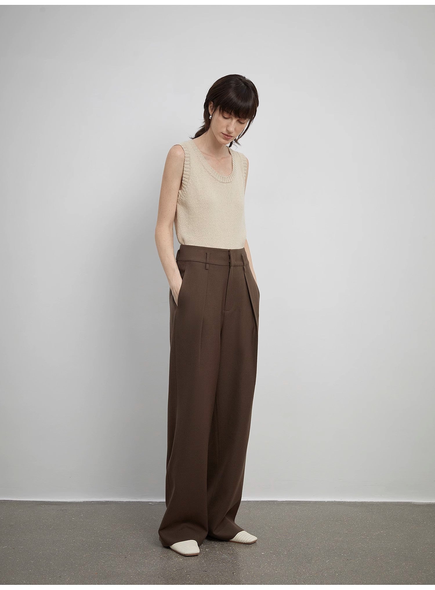 Women's white straight casual wide waist drape floor - length wide leg pants - variant_title