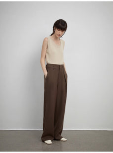 Women's white straight casual wide waist drape floor - length wide leg pants - variant_title