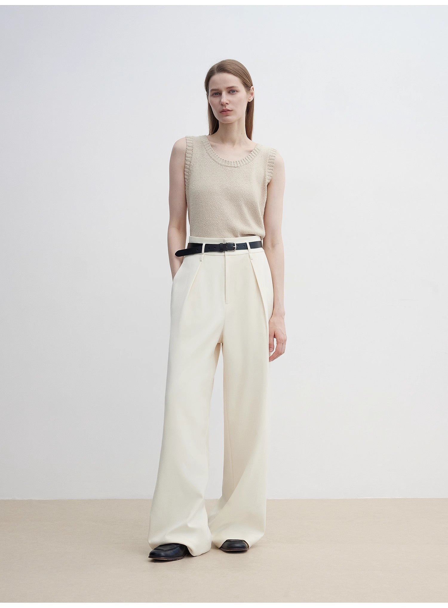 Women's white straight casual wide waist drape floor - length wide leg pants - variant_title