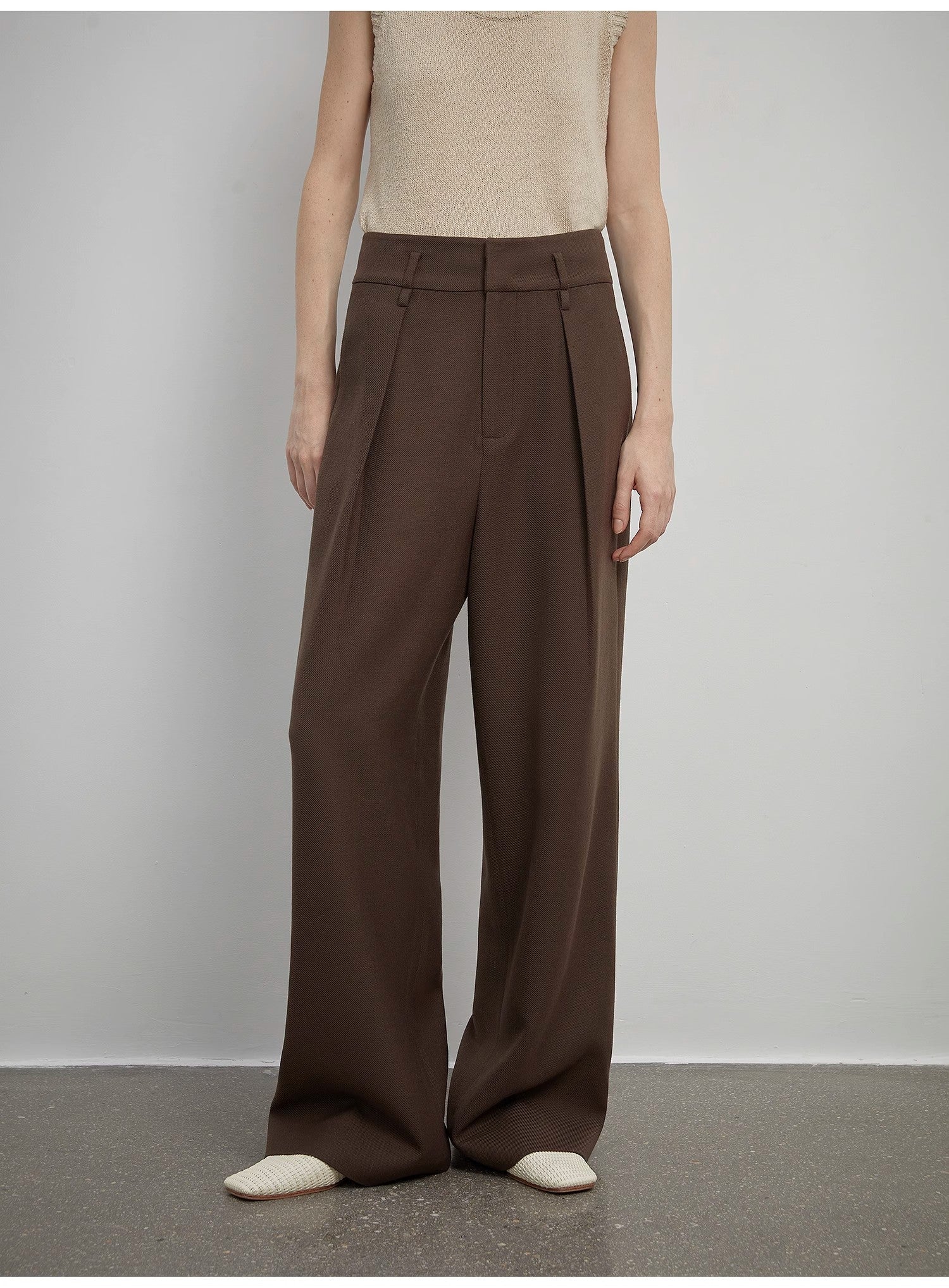 Women's white straight casual wide waist drape floor - length wide leg pants - variant_title