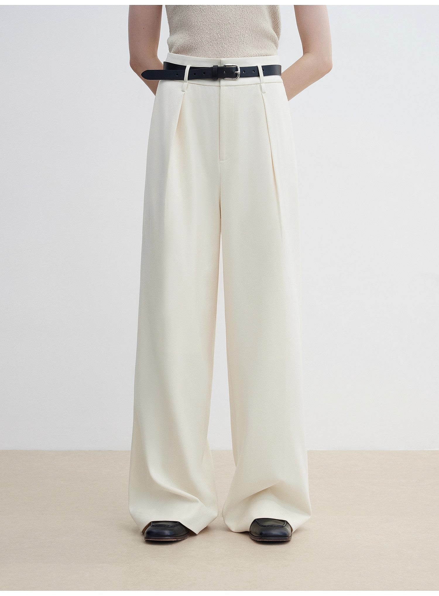 Women's white straight casual wide waist drape floor - length wide leg pants - variant_title