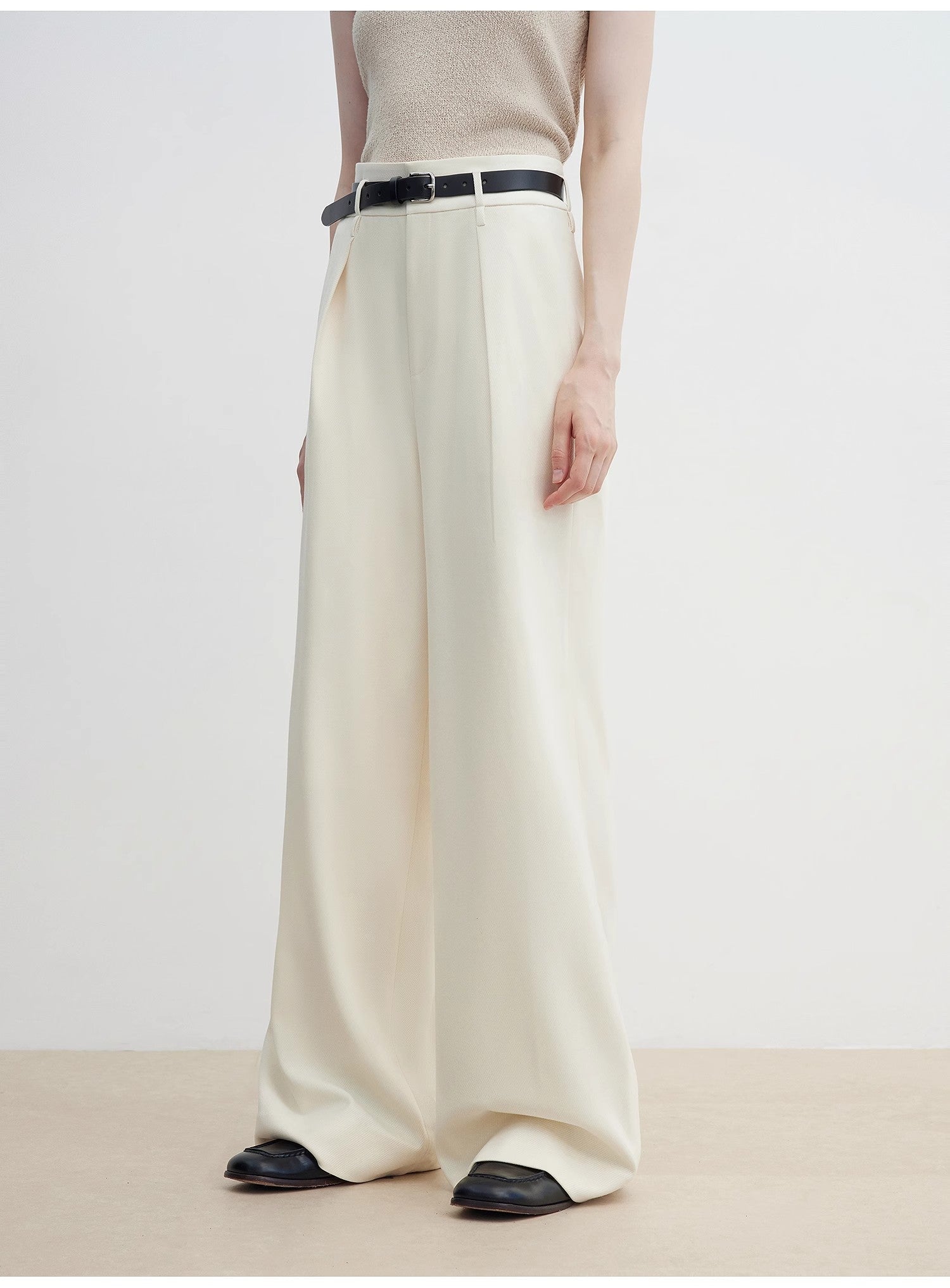 Women's white straight casual wide waist drape floor - length wide leg pants - variant_title