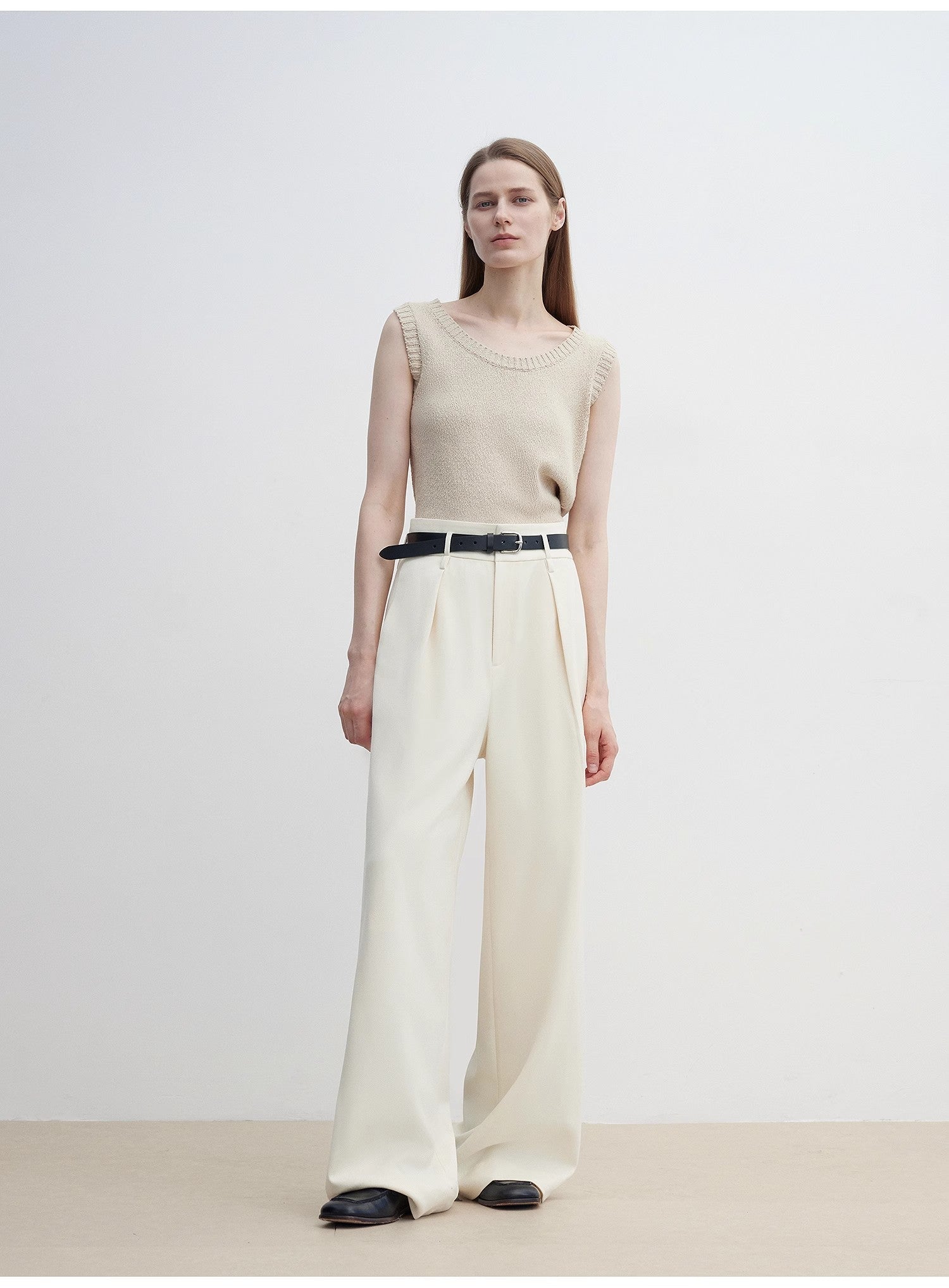 Women's white straight casual wide waist drape floor - length wide leg pants - variant_title