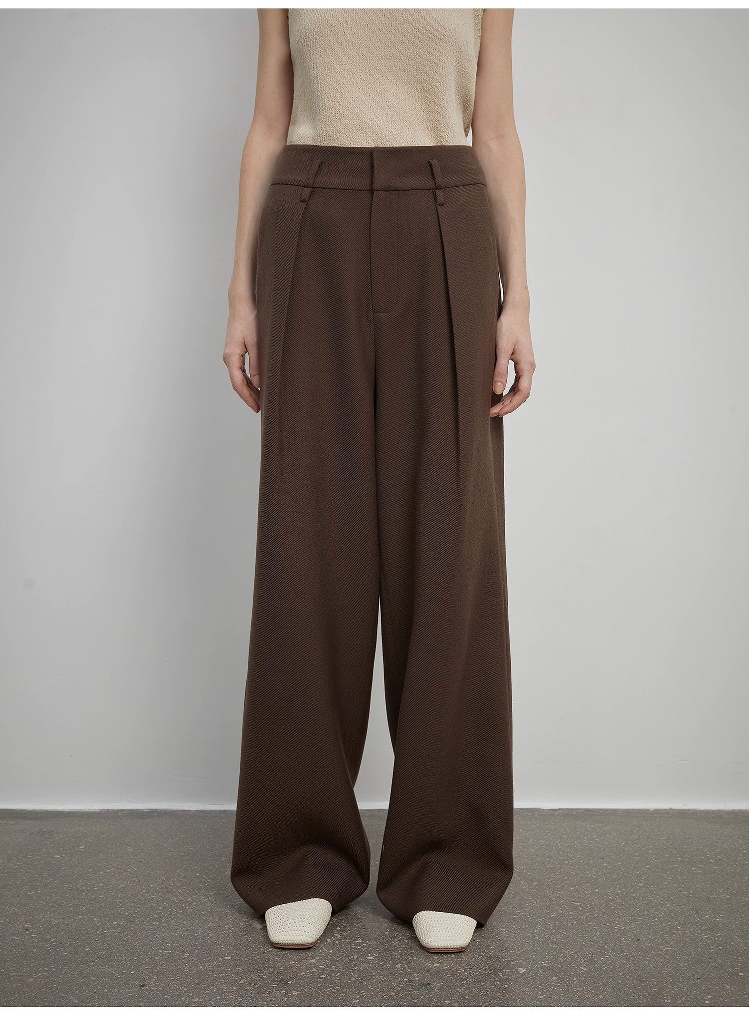 Women's white straight casual wide waist drape floor - length wide leg pants - variant_title