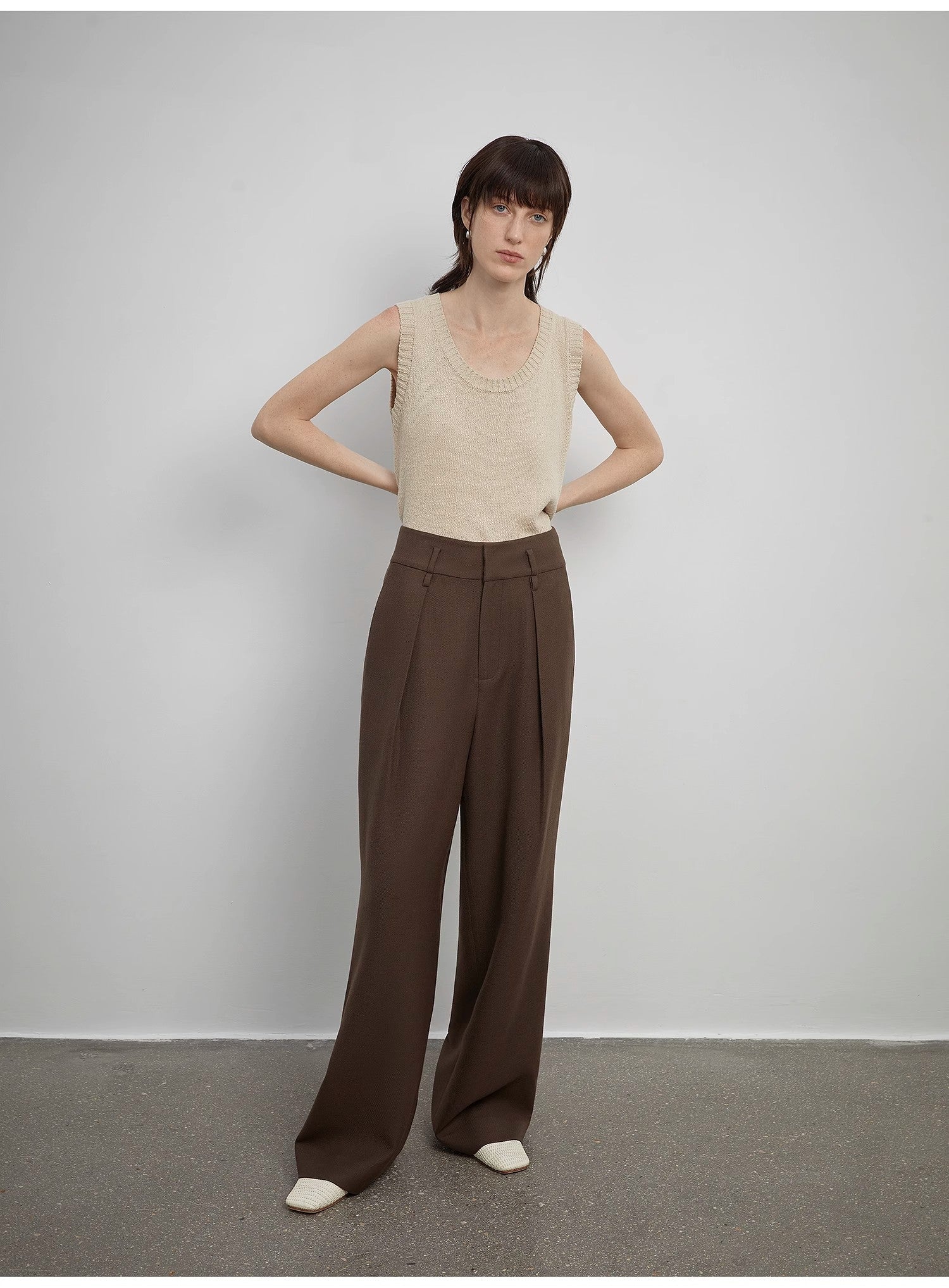 Women's white straight casual wide waist drape floor - length wide leg pants - variant_title