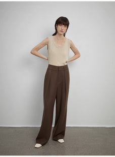 Women's white straight casual wide waist drape floor - length wide leg pants - variant_title