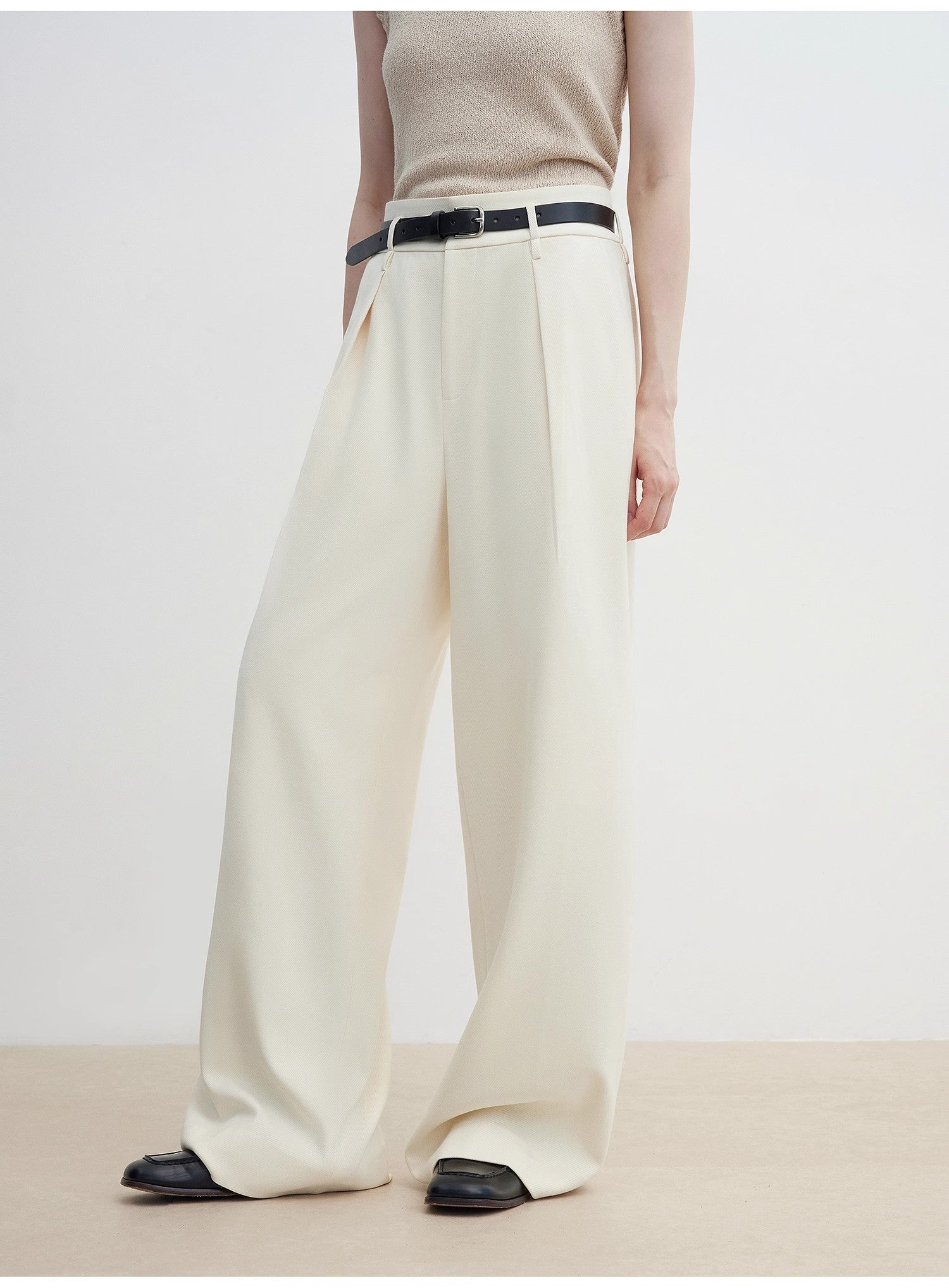 Women's white straight casual wide waist drape floor - length wide leg pants - variant_title