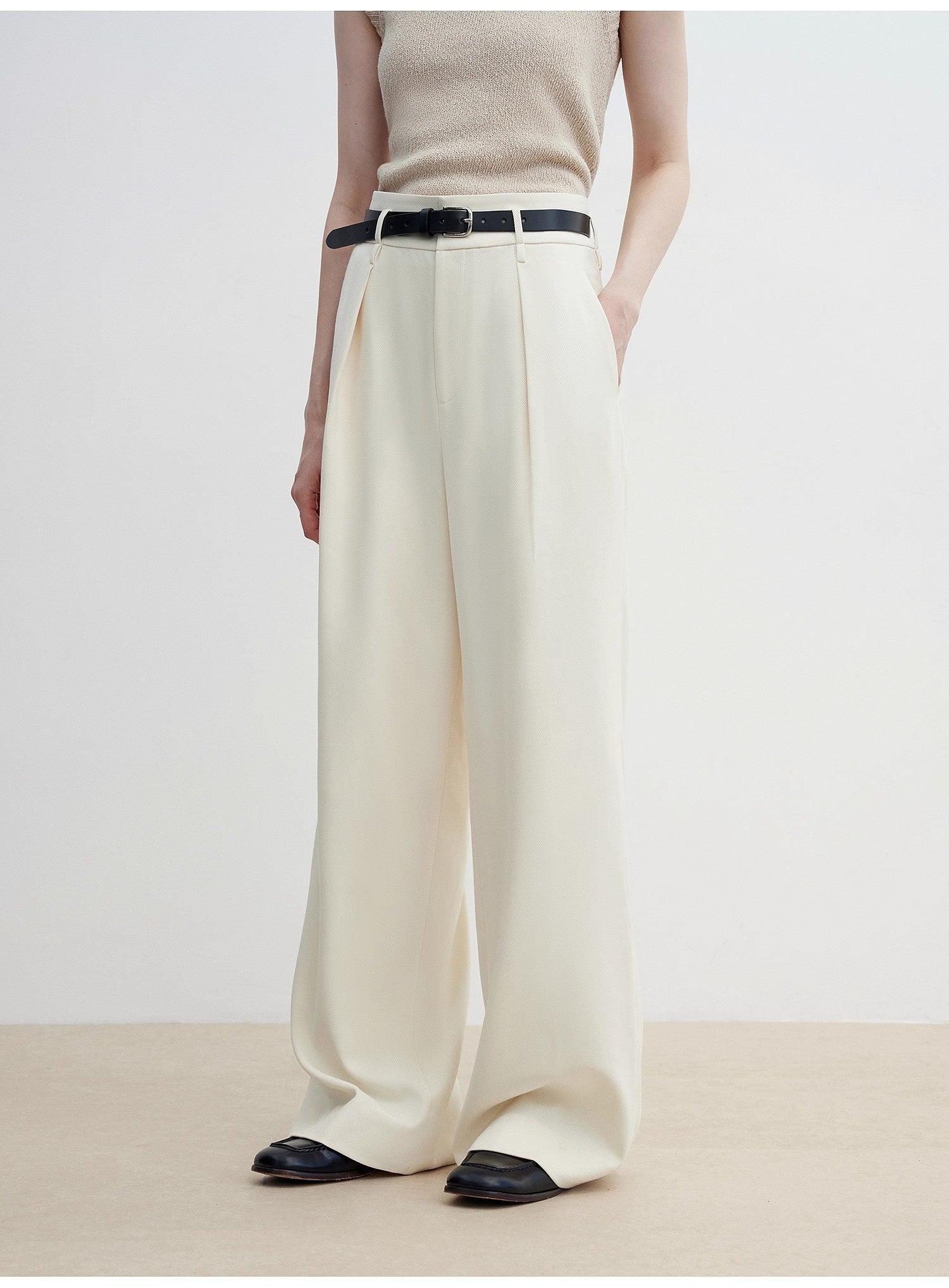 Women's white straight casual wide waist drape floor - length wide leg pants - variant_title