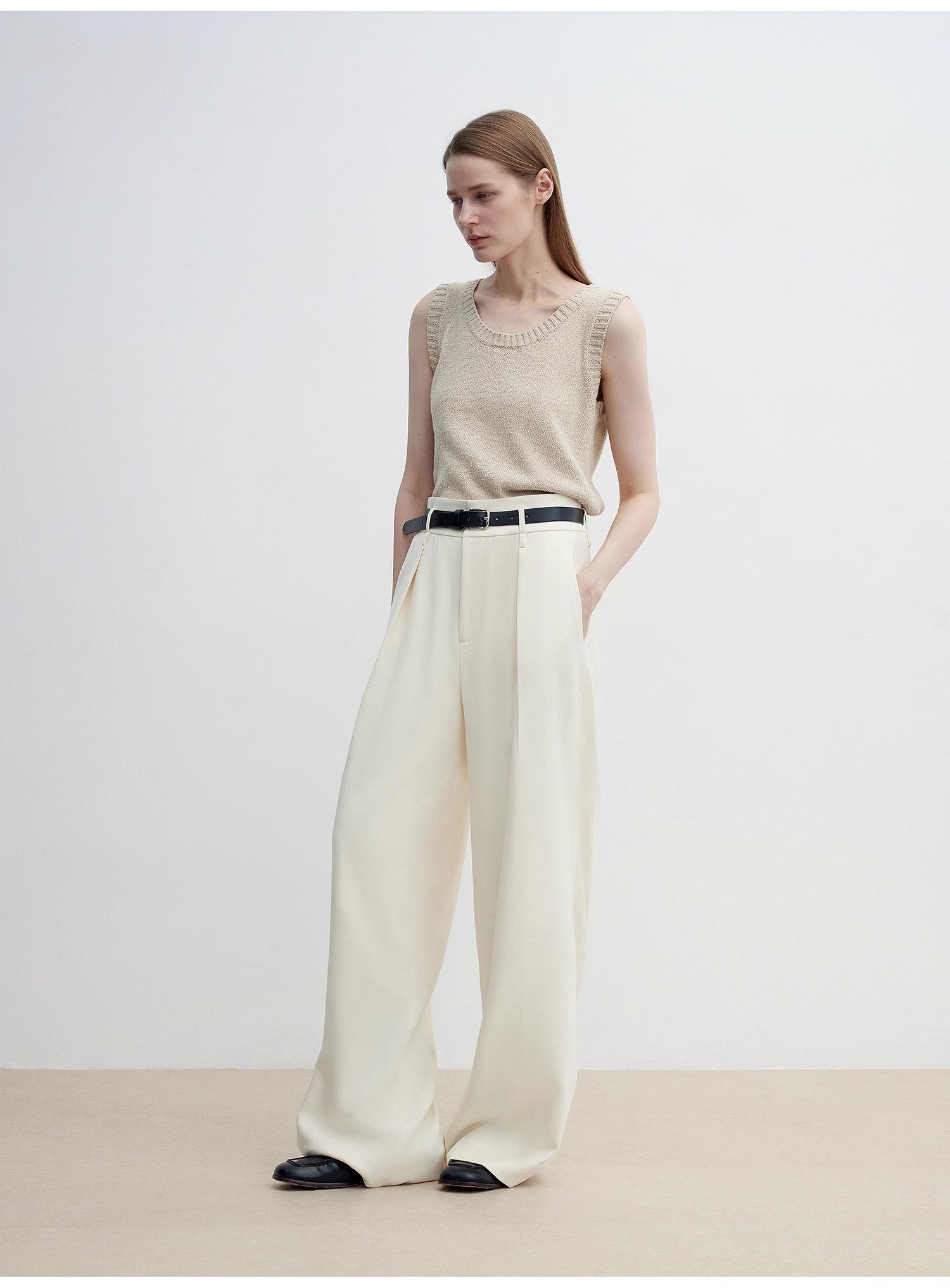 Women's white straight casual wide waist drape floor - length wide leg pants - variant_title