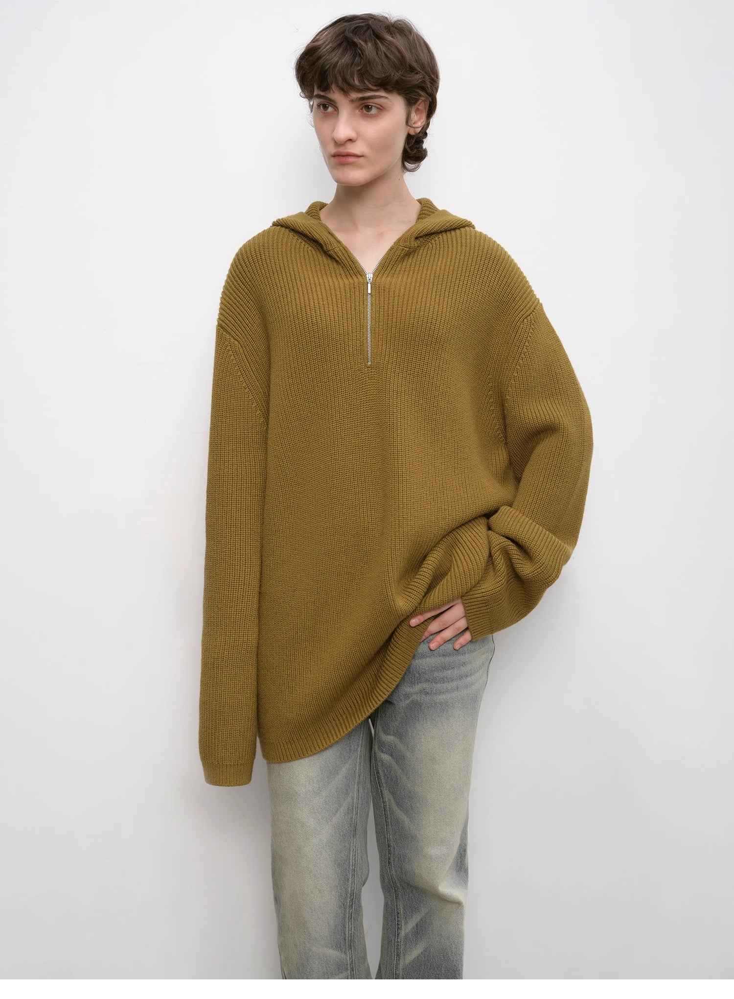 Women's zipper round neck wool hoodie oversized sweater Boyfriend Fit cozy long sleeve,"Autumn Ticket" - variant_title