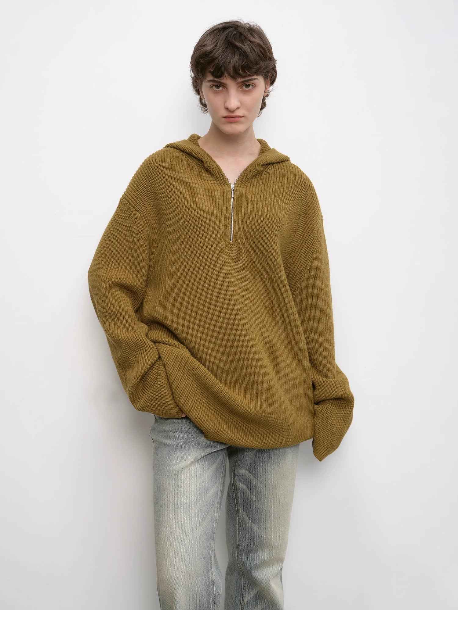 Women's zipper round neck wool hoodie oversized sweater Boyfriend Fit cozy long sleeve,"Autumn Ticket" - variant_title
