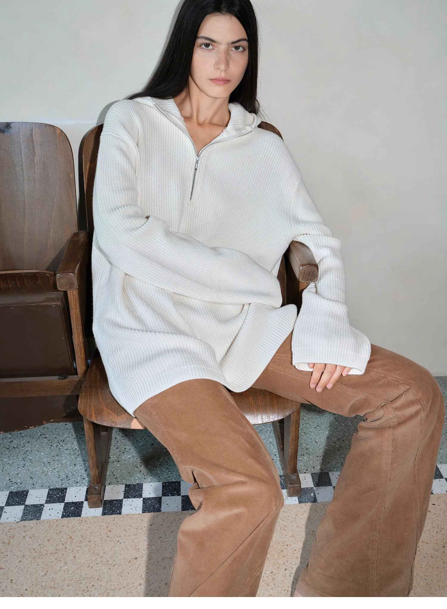 Women's zipper round neck wool hoodie oversized sweater Boyfriend Fit cozy long sleeve,"Autumn Ticket" - variant_title